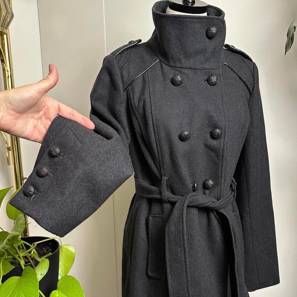 Guess Womens Grey Wool Blend Double Breasted Belted Military Pea Coat Large
